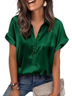 Women's Green Satin Silk Blouse Short Sleeve Button Down Collared Office Shirt